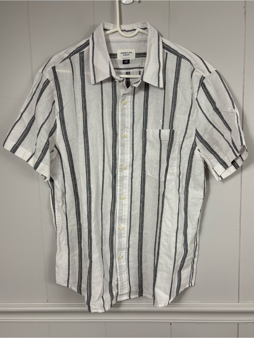 NWT American Eagle AE Classic Fit Linen-Blend Striped Button-Up Shirt Large